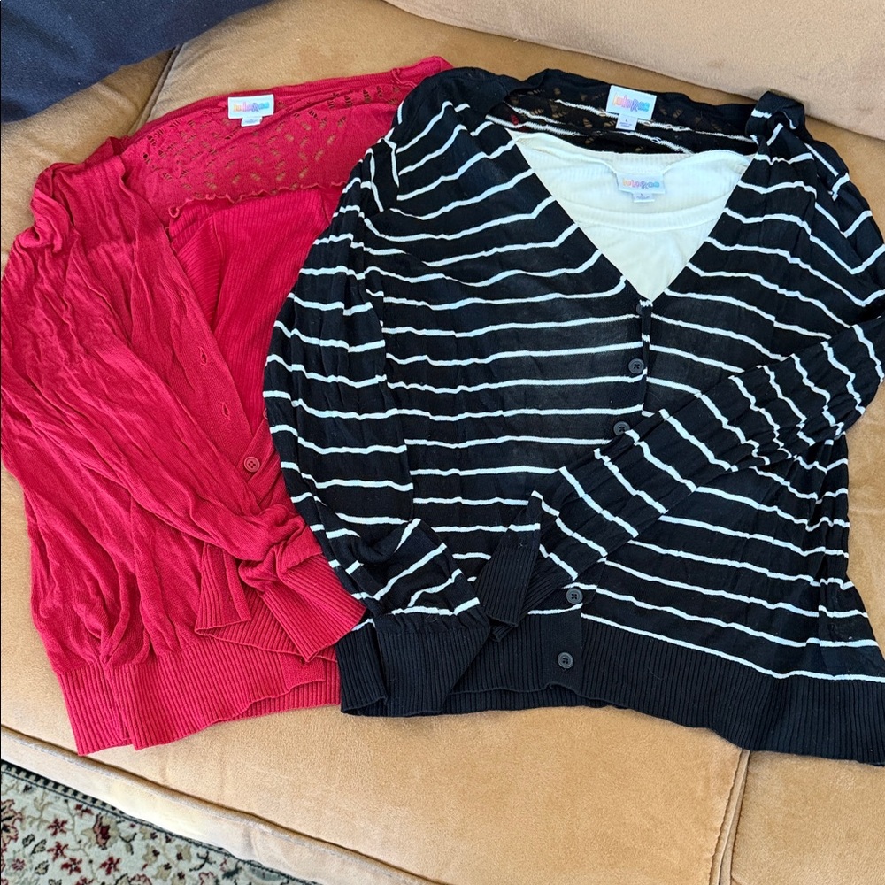 LuLaRoe Black and White Striped Cheryl Cardigan and Red Cheryl Cardigan